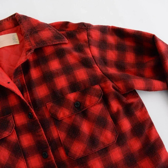 Vintage 70S Red & Black Buffalo Plaid Gorpcore Flannel Lined Button Up Shacket M - Picture 9 of 16